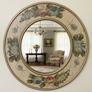 Vintage Hand Painted Floral Crackle Gold Shabby Chic Farmhouse Mirror 21”x19”